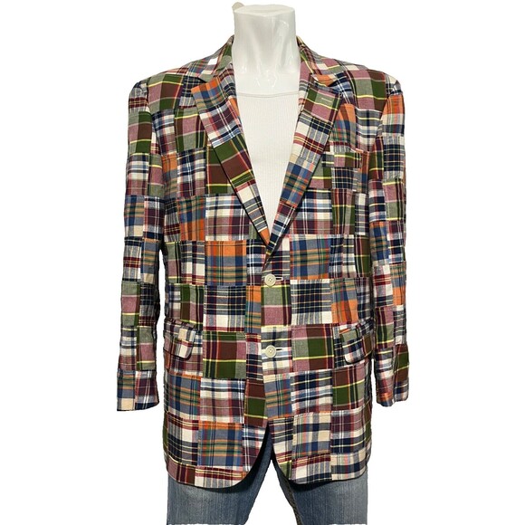 Vintage Jos A Bank Mens Cotton Madras Patchwork Plaid Sport Coat 43R - Picture 3 of 9